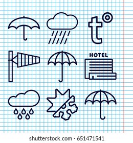 Set of 9 meteorology outline icons such as umbrella, wind cone, rain, cold and hote mode, temperature