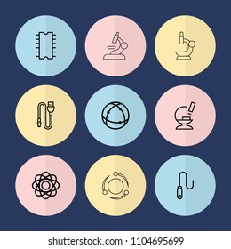 Set of 9 micro outline icons such as atom, microscope, wire