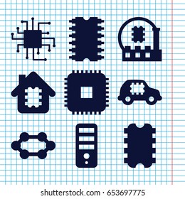 Set of 9 microchip filled icons such as cpu