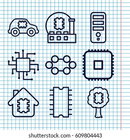 Set of 9 microchip outline icons such as CPU, CPU in house, CPU in car