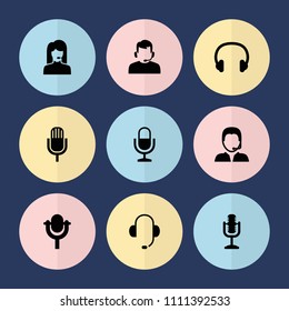 Set of 9 microphone filled icons such as microphone, support, headset