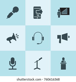 Set of 9 microphone filled icons such as speaker, lecturer, karaoke, microphone, headphones, megaphone