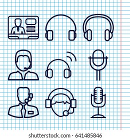 Set of 9 microphone outline icons such as tv speaker, headset, operator, microphone, support