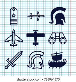 Set of 9 military filled and outline icons such as knight, water military, plane, binoculars, sword