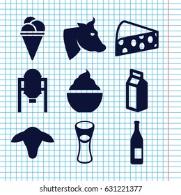 Set of 9 milk filled icons such as goat, tank, cow, ice cream, milk glass, milkshake, milk, cheese