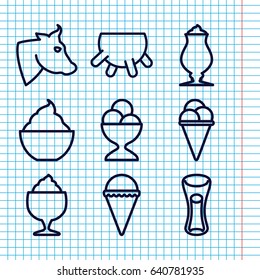 Set of 9 milk outline icons such as cow, udder, ice cream, ice cream ball, milk glass