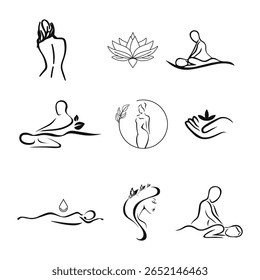 A set of 9 minimalist line art icons representing spa and wellness themes. The illustrations include female figures, massage poses, lotus flowers, drops of oil, and natural elements. These elegant and