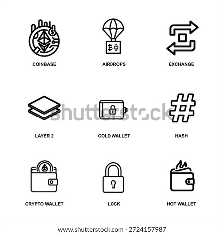 A set of 9 minimalist line icons for cryptocurrency, blockchain, NFTs, and digital finance. Perfect for crypto apps, websites, and presentations.
