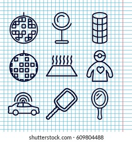 Set of 9 mirror outline icons such as police car, mirror, hair curler, doctor with medical reflector, disco ball