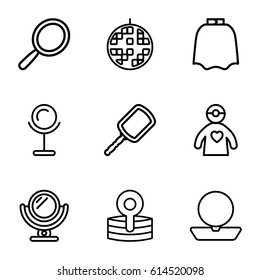 Set of 9 mirror outline icons such as mirror, hairdresser peignoir, powder, medical reflector, doctor with medical reflector