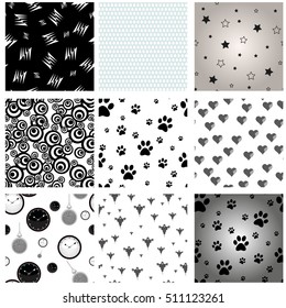 Set of 9 mixed seamless patterns. Dog paw print seamless. Stars Seamless Pattern. Black Halloween seamless. Whater seamless on a white background. Gray Hearts seamless. Clock`s seamless pattern.