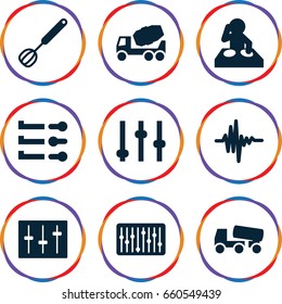 Set of 9 mixer filled icons such as concrete mixer, sliders, slider, music equalizer