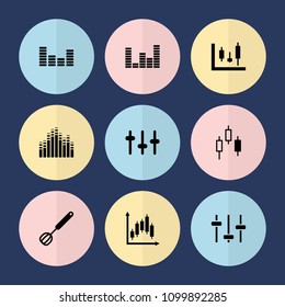 Set of 9 mixing filled icons such as equalizer, corolla, panel control