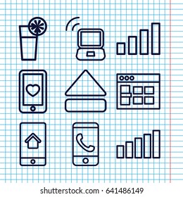 Set of 9 mobile outline icons such as heart mobile, eject button, cocktail, home on phone display, signal, laptop signal, browser window