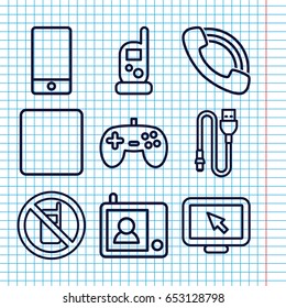 Set of 9 mobile outline icons such as no phone, baby monitor phone, phone, call, stop, wire, intercom, joystick