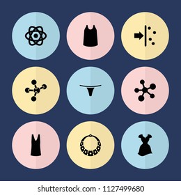 Set of 9 model filled icons such as singlet, necklace, atom, female underwear, dress
