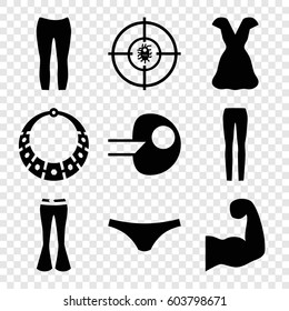 Set of 9 model filled icons such as female underwear, woman pants, dress, dna, muscular arm, necklace