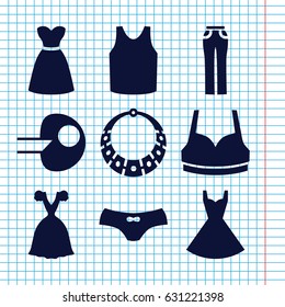 Set of 9 model filled icons such as female underwear, sport bra, singlet, woman pants, dress, necklace
