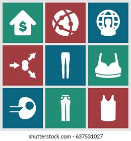 set of 9 model filled icons such as sport bra, singlet, woman pants, atom, buying a house, user globe, atom move