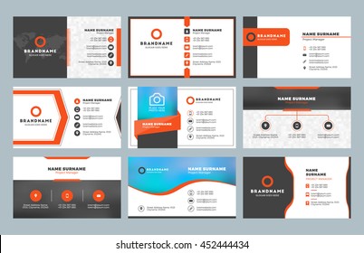 Set of 9 modern business card templates. Business cards with company logo. Clean flat design. Red and black colors. Vector illustration