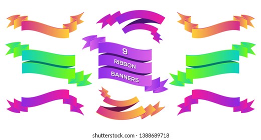 Set of 9 modern colorful 3d ribbon banners isolated on white background