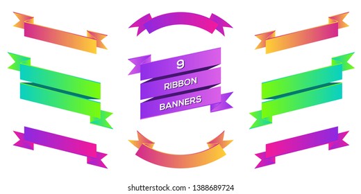 Set of 9 modern colorful 3d ribbon banners isolated on white background