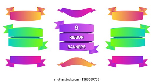 Set of 9 modern colorful 3d ribbon banners isolated on white background
