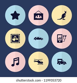 Set of 9 modern filled icons such as helicopter, star, note, mp3 player, car, photo, truck, kangaroo