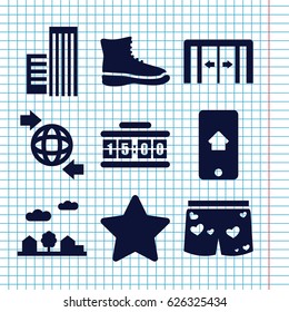 Set of 9 modern filled icons such as sliding doors, qround the globe, underwear with heart, city landscape, home on phone display, building, digital clock, star