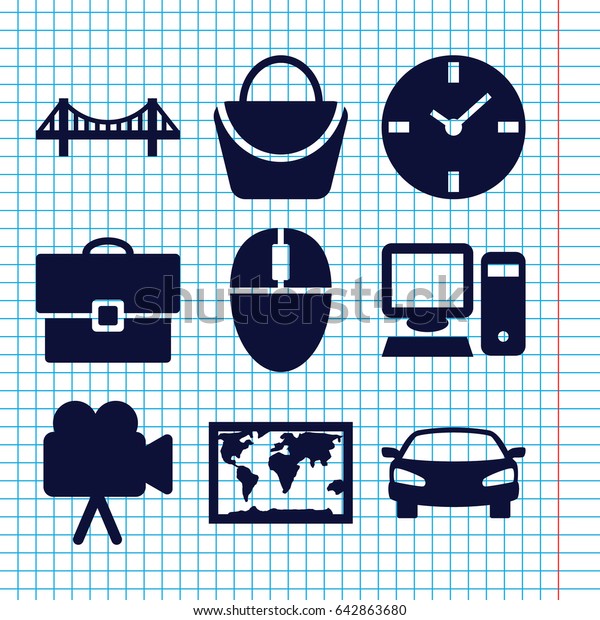 Set of 9 modern filled icons\
such as bridge, woman bag, camera, car, pc, case, clock, world\
map