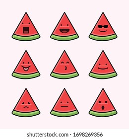 Set of 9 modern flat emoticons: cute cartoon watermelon with different emotions
