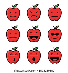 Set of 9 modern flat emoticons: cute cartoon red apple with different emotions
