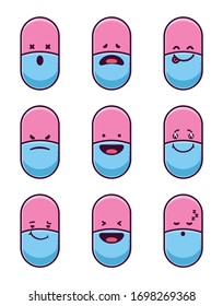 Set of 9 modern flat emoticons: cute cartoon capsule with different emotions