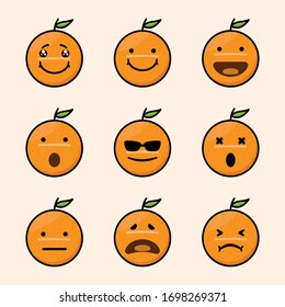 Set of 9 modern flat emoticons: cute cartoon orange with different emotions