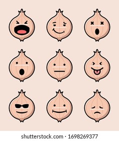 Conjunto de 9 emoticonos planos modernos: tira cómica de cebolla amarilla con diferentes emociones