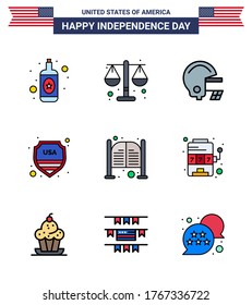 Set of 9 Modern Flat Filled Lines pack on USA Independence Day day; doors; football; bar; sign Editable USA Day Vector Design Elements