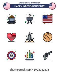 Set of 9 Modern Flat Filled Lines pack on USA Independence Day usa; spaceship; usa; rocket; flag Editable USA Day Vector Design Elements