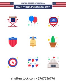Set of 9 Modern Flats pack on USA Independence Day ball; seurity; party; shield; usa Editable USA Day Vector Design Elements