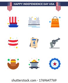 Paquete de 9 Modern Flats en la invitación del Día de la Independencia de Estados Unidos; frankfurter; turismo; alimentos; paquetes Elementos editables del diseño del vector USA Day