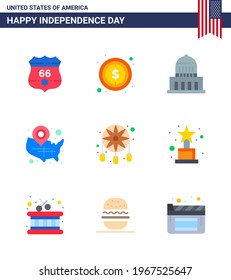 Set of 9 Modern Flats pack on USA Independence Day adornment; wisconsin; building; usa; map Editable USA Day Vector Design Elements