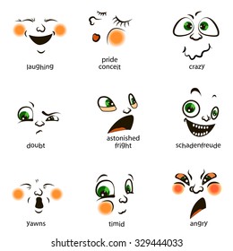 Set of 9 modern isolated flat emoticons: cute cartoon  with different emotions.