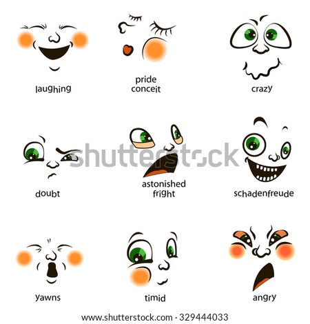 Set of 9 modern isolated flat emoticons: cute cartoon  with different emotions.