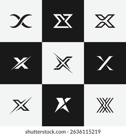 Um conjunto de 9 logotipos de letras X modernos com desenhos mínimos e profissionais. Perfeito para marcas, monogramas.