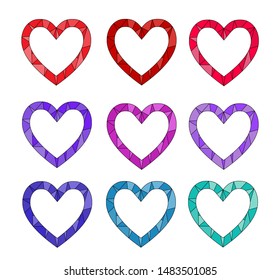 Set of 9 modern polygonal frame hearts, bright halftone decorative elements. Usable for posters, cards, invitations, diary, social media and web banners. Vector illustration. 
