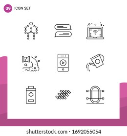 Conjunto de 9 símbolos modernos de iconos de la interfaz de usuario para sonido; audio; red; agua; elementos de diseño de vectores editables de aguas residuales