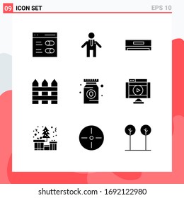 Set of 9 Modern UI Icons Symbols Signs for pharmacy; drug; electric; protection; garden fence Editable Vector Design Elements