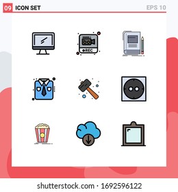Conjunto de 9 símbolos modernos de iconos de la interfaz de usuario para el desgaste laboral; moda; vídeo; ropa; elementos de diseño de vectores editables para portátiles