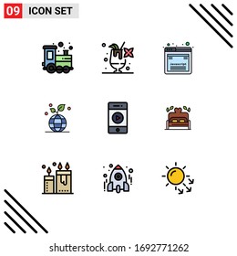 Set von 9 Symbolen für moderne Benutzeroberfläche, Zeichen für Sound; Audio; Entwicklung; Globus; Design-Elemente für öko bearbeitbare Vektorillustrationen