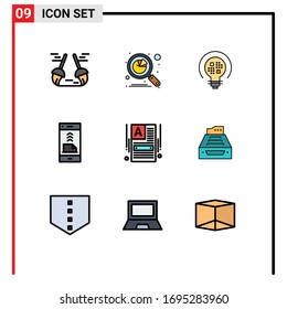 Set von 9 Symbolen der modernen Benutzeroberfläche, Zeichen für das Telefon; kontaktieren Sie uns; Suche; Kontakt; Vektorillustration-Design-Elemente für Glühbirnen