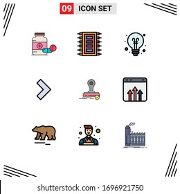 Set von 9 Symbolen der modernen Benutzeroberfläche, Zeichen für Stempel; Recht; Computer; Pfeil; Design-Elemente für redaktionelle Vektorillustration